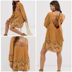 Free People Rhiannon Mustard Long Sleeve Embroidered Dress Medium S M